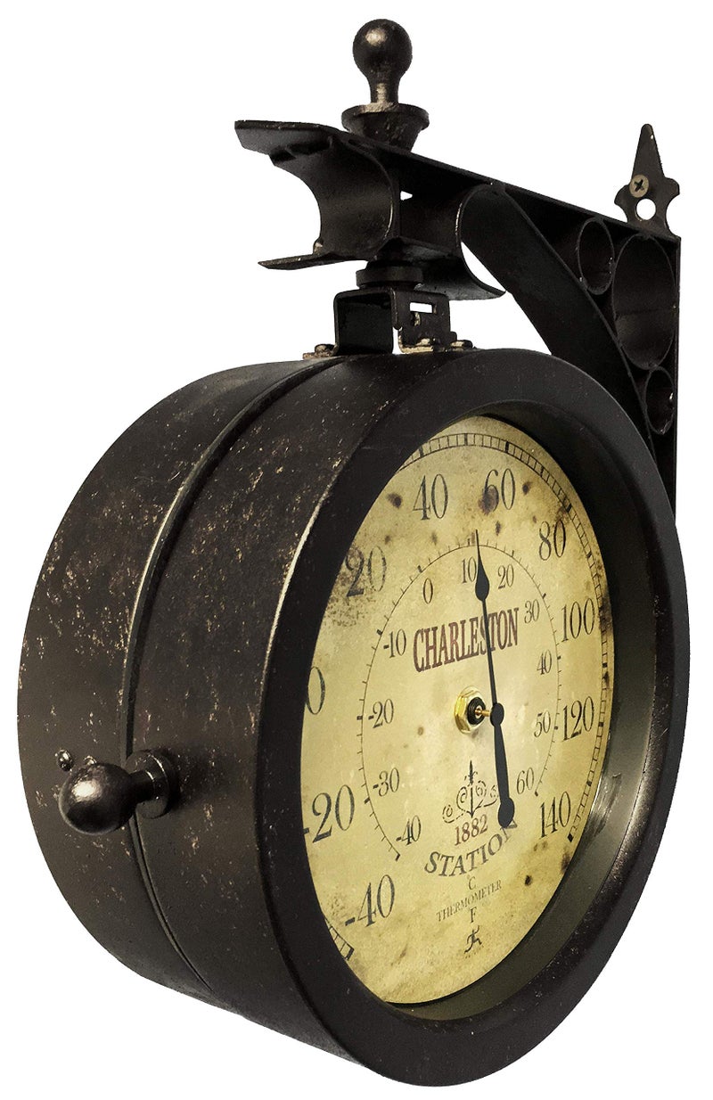Infinity Instruments Charelston Metal Outdoor Clock, Waterproof Double Sided Train Station Clock & Thermometer - Image 4
